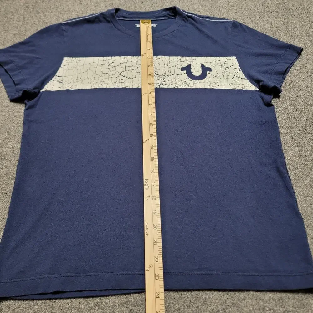 True Religion Shirt Mens Medium Blue White Distress Pull Panel Graphic Tee SS